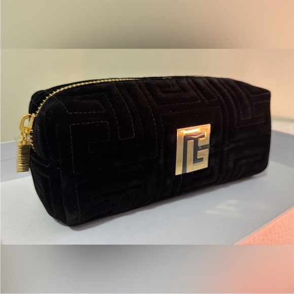 Balmain Handbags - New, Balmain beauty Black Velvet Quilted Logo Cosmetic Pouch with Gold Hardware